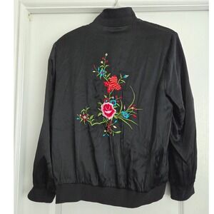 Notations Silk Black Butterfly Floral Embroidered Bomber Jacket Sz M Vintage Y2K